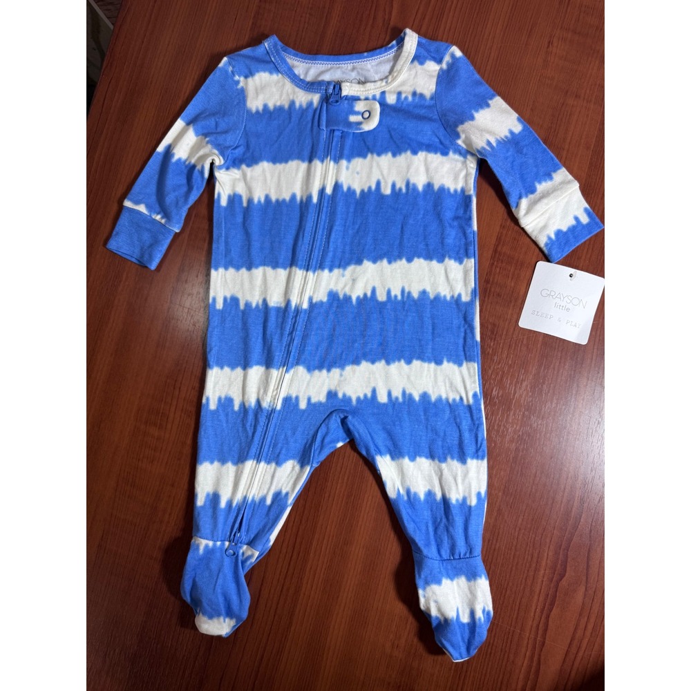 Grayson Little Baby Blue White Tie Dye Stripe Footed Sleep Play Romper 3M NWT